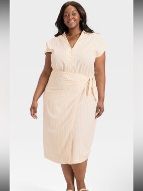 Universal Thread Cream Striped Tie-Detail Midi Shirt Dress Wrap Waist Size XXL